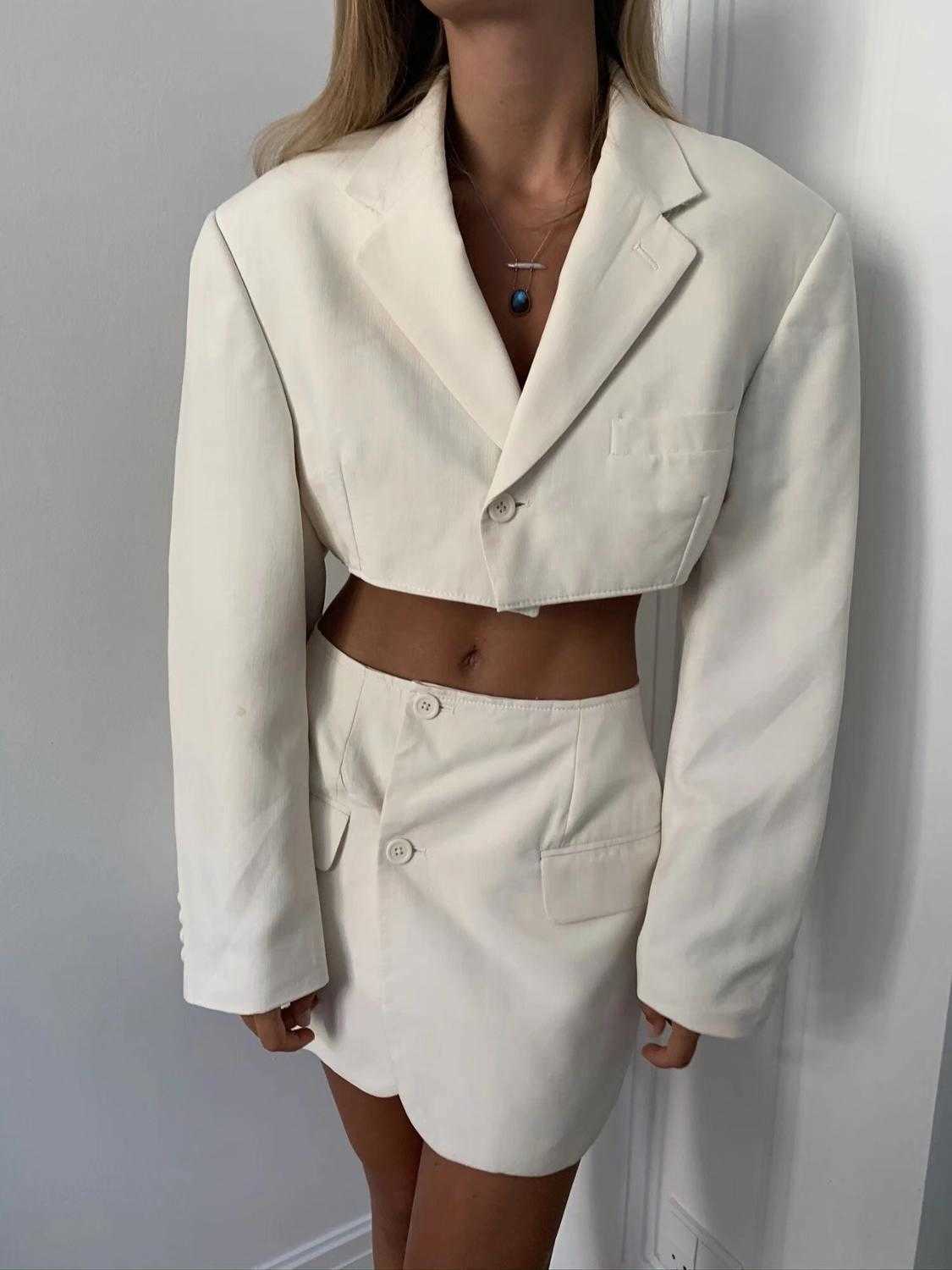 Sexy One Button Short Women Blazer Cropped High Waist Irregular Cross Slit Mini Skirt Long Sleeve Suits 2 Pieces Set Vintage 210708