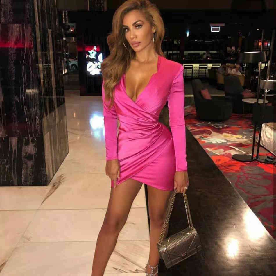 Free Women's Satin Dress Solid Color Sexy Deep V Neck Long Sleeve Bodycon Draped Christmas Mini es 210524