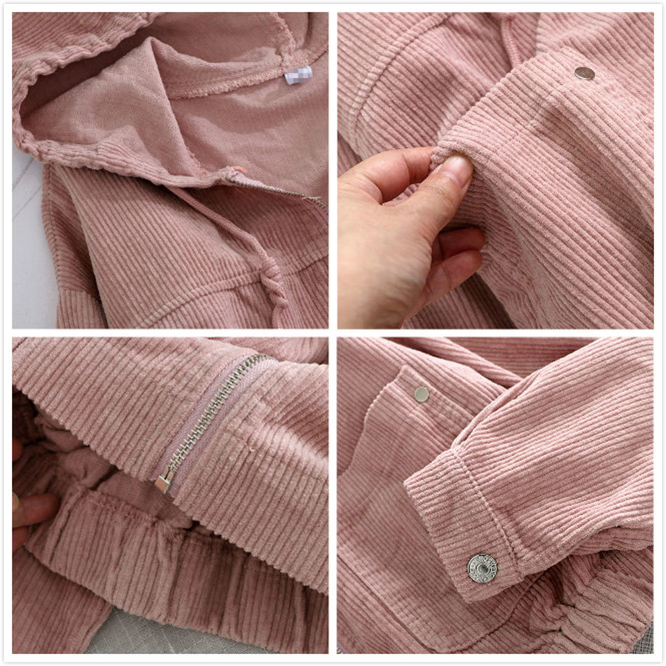 Free Women's Corduroy Hooded Jacket Fashion Bat Long Sleeve Pocket Loose Short Sportswear 210524