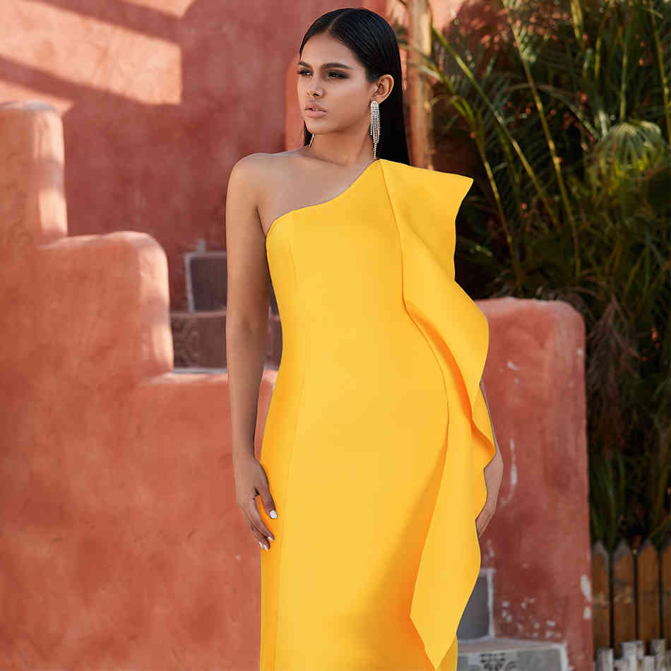 Summer Yellow One Shoulder Ruffles Ladies Celebrity Evening Party Dress Sexy Sleeveless Bodycon Club XL 210423