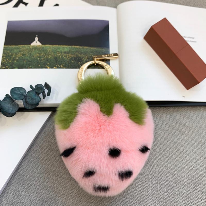 Keychains Ring-Pendant Keychain Car-Charm-Pendant Lady's Bag Pendant Real Rex Fur Fashion Toy Strawberry Tri