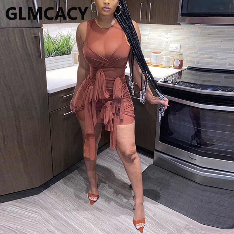 Women Sleeveless Mesh Bodycon Dress Belt Detail Night Out Club Paprty Mini Dresses 210702