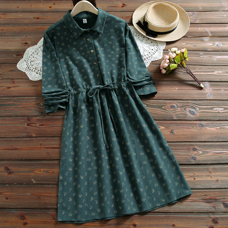 Female Autumn Winter Dress Single-breasted Vintage Floral Print Vestidos Bow Long Sleeve Women Corduroy es 210514