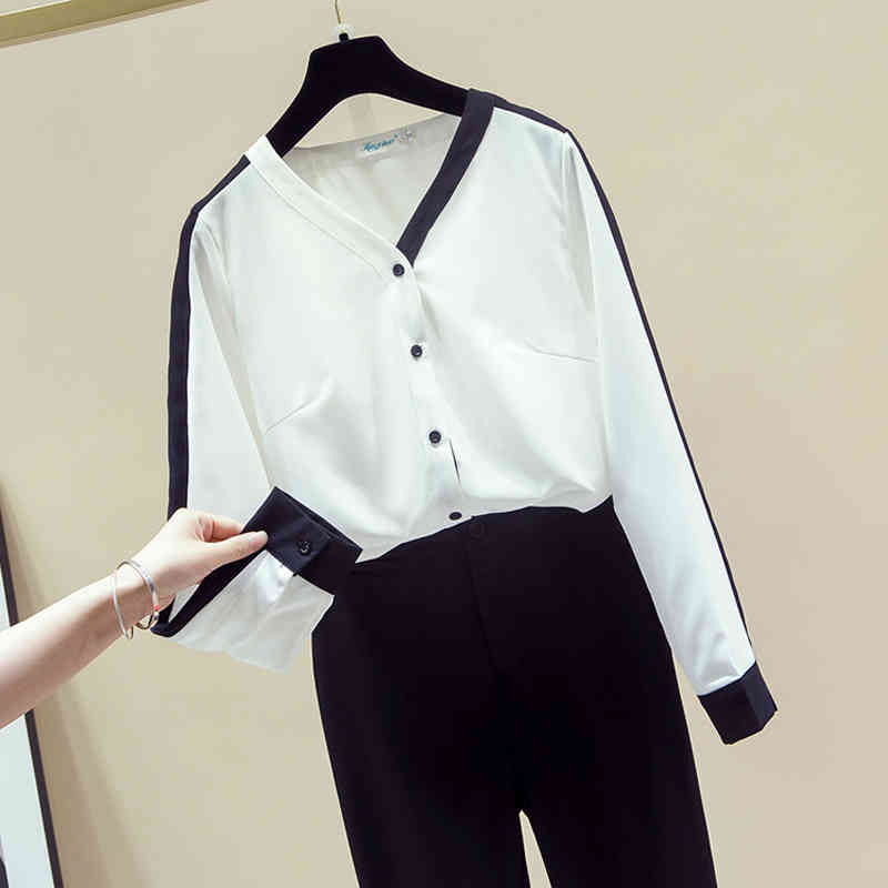 Spring and Autumn Chiffon Shirts Women V-neck Loose Tops Shirt Office Lady Blouse Korean Fashion Clothing Solid Blusas 11155 210506