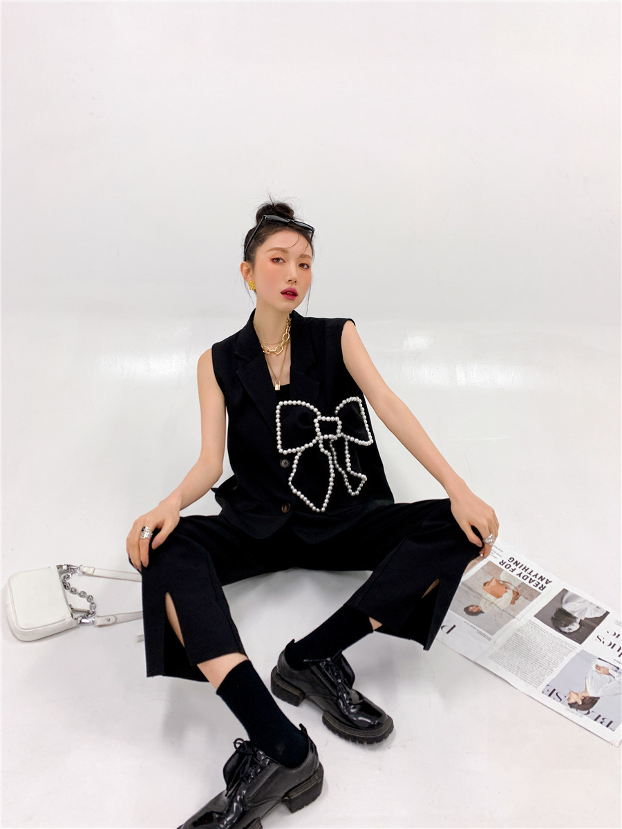 Korean Fashion Vest Sleeveless Jackets For Women Black Pearl Bow Blazer Button Up Waistcoat 210427