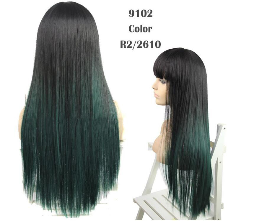 New Fashion Long Straigh Black Ombre Green Synthetic wig with Qi Bangs women's Hair wigs for life Cosplay