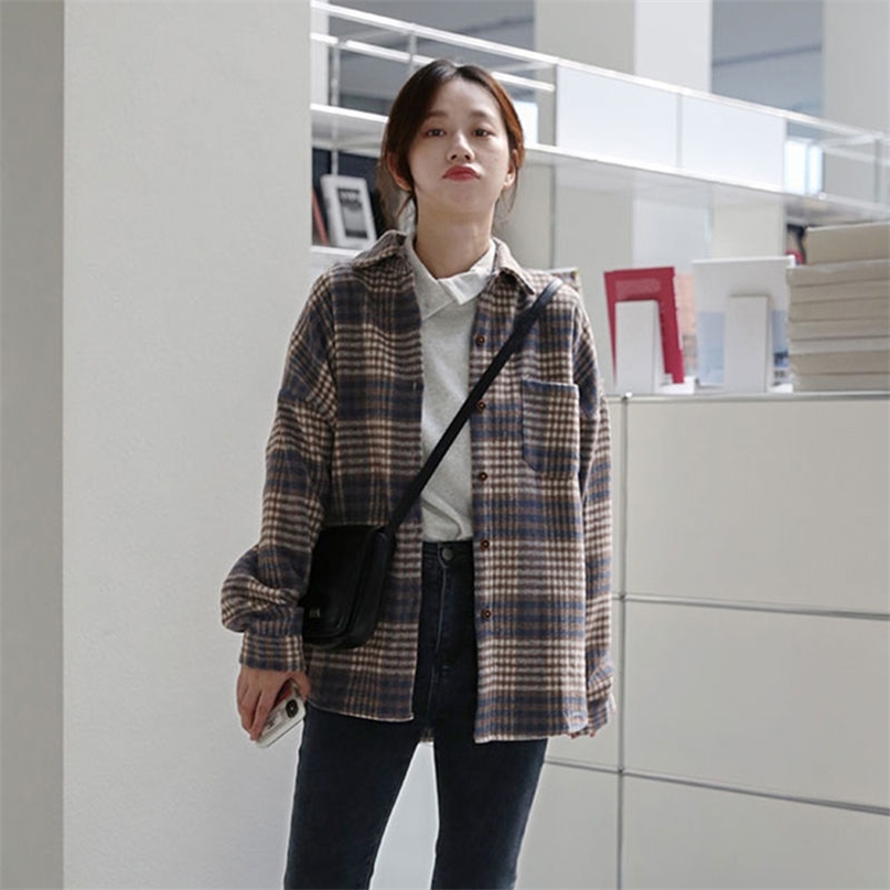 Winter Women Vintage Oversized Woolen Shirt Plaid Print Thick Blouse Korean Style Turn Down Collar Buttons Casual Warm Coat 210603, Coffee
Winter Women Vintage Oversized Woolen Shirt Plaid Print Thick Blouse Korean Style Turn Down Collar Buttons Casual Warm Coat 210603, Coffee