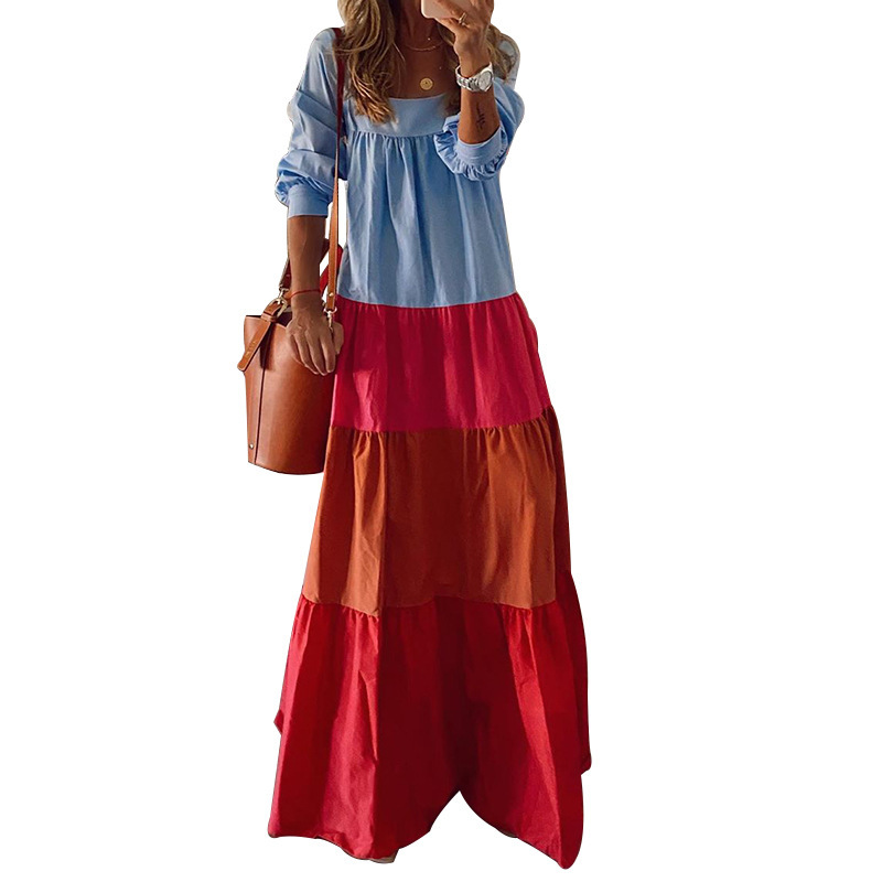 Women Dress Square Collar Color Matching Bohemian es Long Sleeve Loose Casual Maxi Plus Size Ladies es 210513