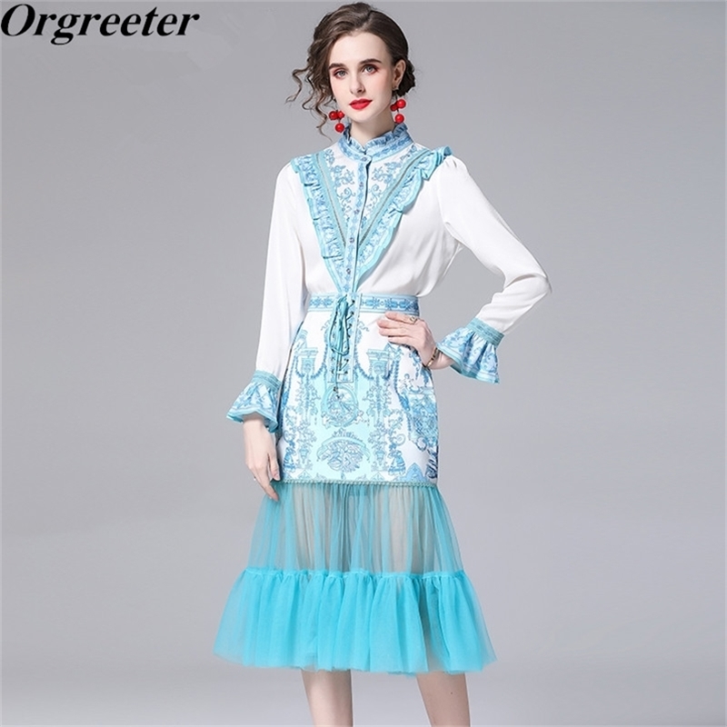 Runway Designer Summer Fall Women Flare sleeve Ruffles Print Elegant Blouse Shirt +Patchwork Mesh Long Skirt 2 piece Set Female 210602, Cyan
Runway Designer Summer Fall Women Flare sleeve Ruffles Print Elegant Blouse Shirt +Patchwork Mesh Long Skirt 2 piece Set Female 210602, Cyan