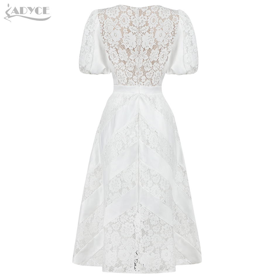 Summer Elegant White Lace Short Sleeve Club Dress For Women Sexy V Neck Midi Evening Runway Party Fashion Dresses 210423