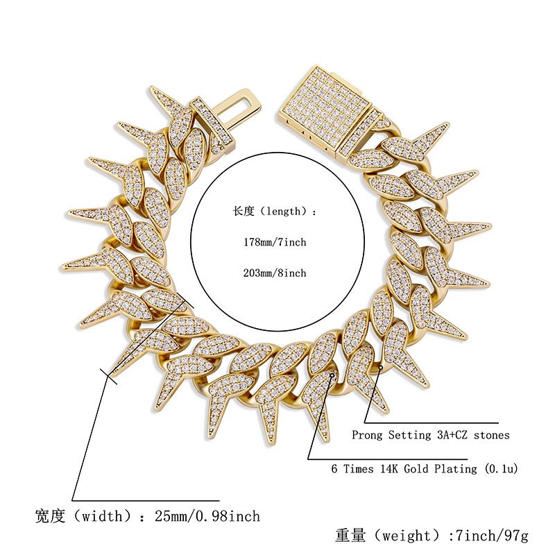 Solid Rivet Spike Thorns Cuban Miami Link Chain Bracelets Bangles for Men HIP Hop Jewelry Claw Setting AAA CZ Stone Rapper Punk Party Rock Grunge Jewe