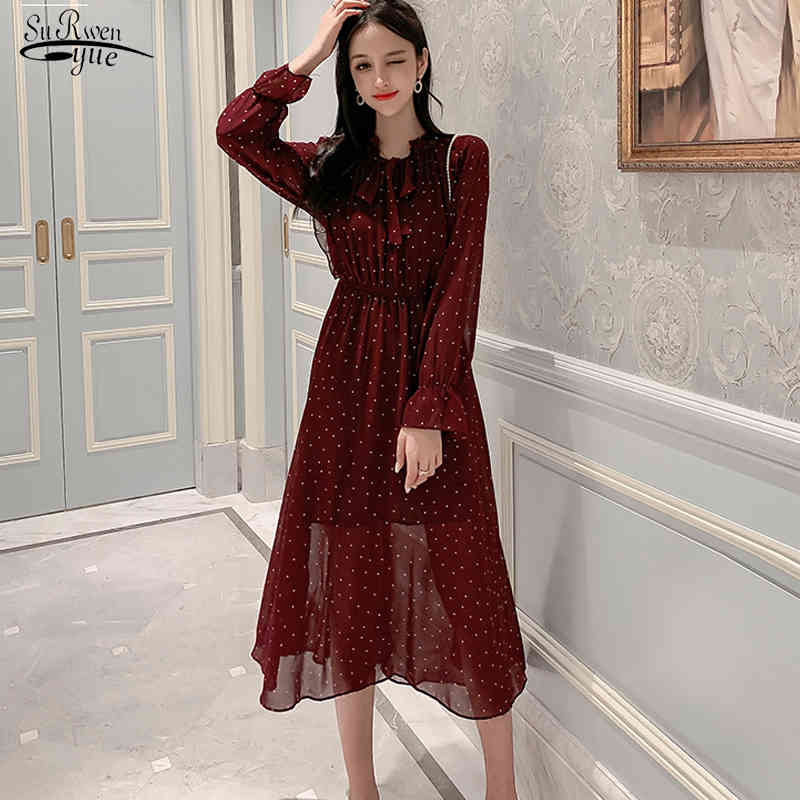 Vestidos De Verano Spring Korean Version Polka Dot Mullet Edge Chiffon Mid Long Dress and Autumn Bottom 8541 50 210508