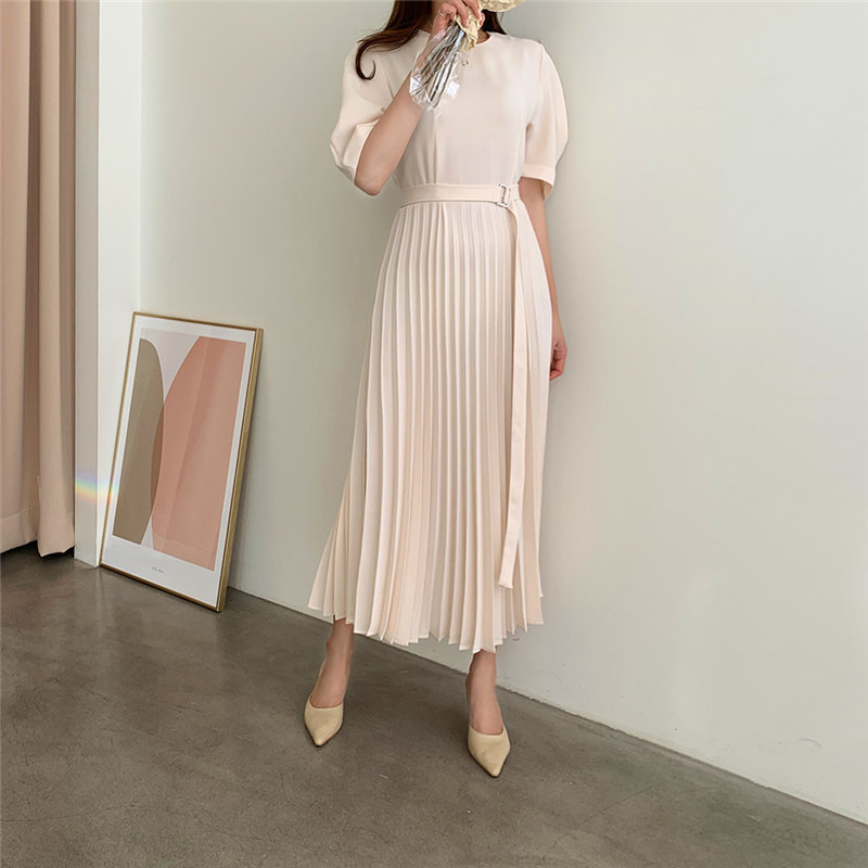 Women Elegance Brief Pleated Sweet OL Solid Slim Streetwear Short Sleeves Gentle Long Dresses Vestidos 210421