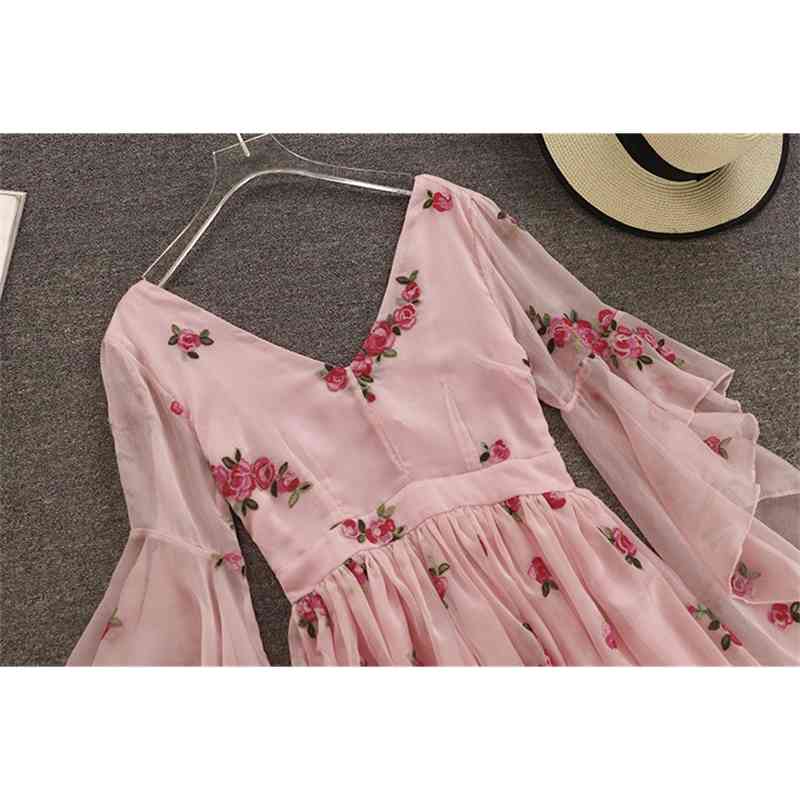 Fashion Summer Women's Sweet V Collar Flowers Embroidered Pink Chiffon Dress Slim Flare Sleeve Girls Short Dresses 210506