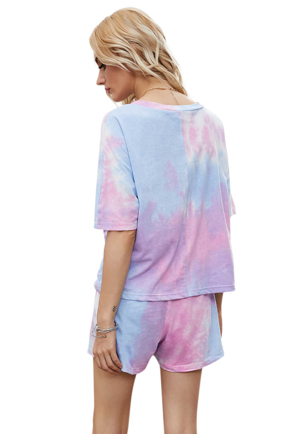 Summer Ladies Tie-Dye Two Piece Set V-neck Shorts Sleeve Tops with Women Loose Casual Dresy Damskie Komplet 210604