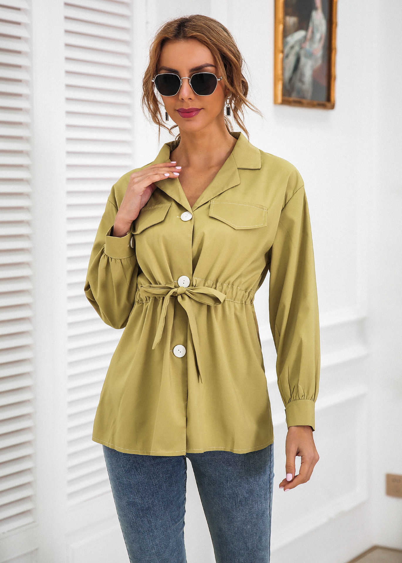 Turn-down Collar Single Breasted Tunic Lace Up Shirt Lanter Sleeve Loose Lady Casual Tops Korean Fashion Blouse Streetwear Black 210604
