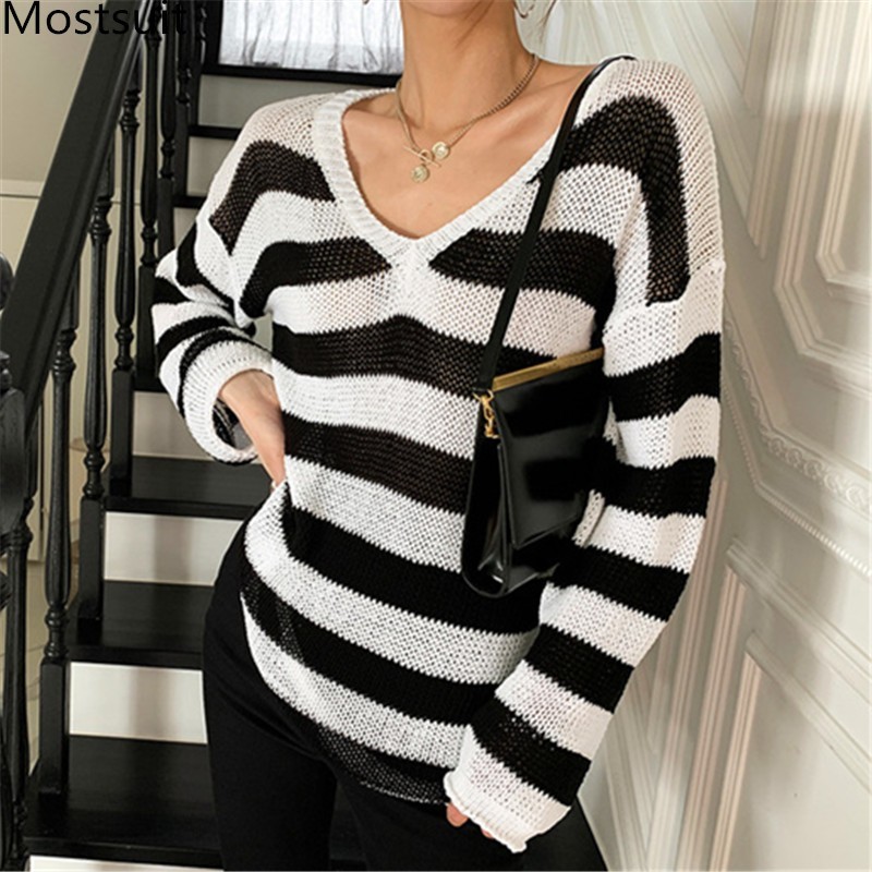 Summer Thin Knitted Pullover Sweater Women Full Sleeve V-neck Sunsreen Tops Korean Fashion Ladies Jumpers Femme 210514