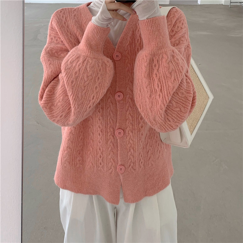 Elegant Women V-Neck Gentle Cute Chic All-Match High Quality Fashion Knitted Lantern-Sleeved Cardigans Sweater 210421
