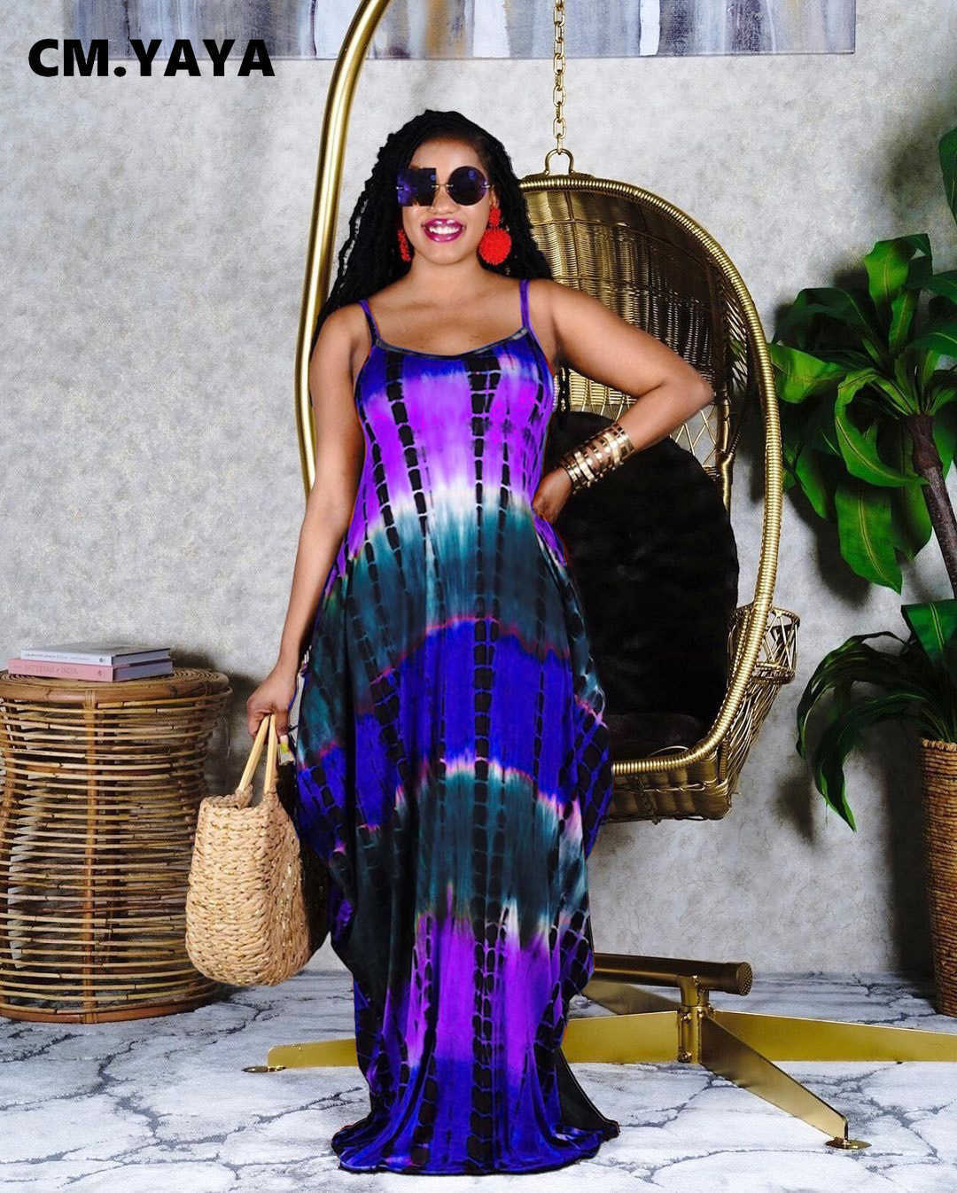CM.YAYA Women Tie Dye Print Maxi Beach Dress Sleevless Spaghetti Slim with Pocket Vintage Long Dresses Summer Vestidos 5 Colors 210630