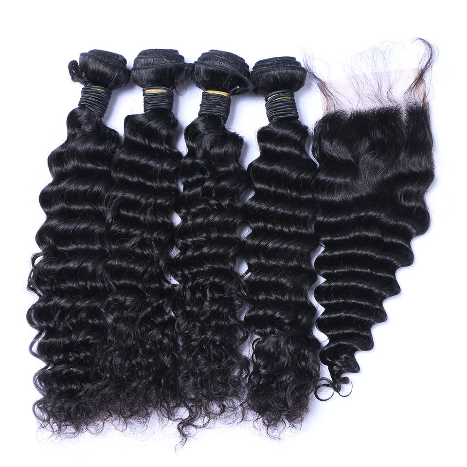 Free shipping Brazilian Deep Wave Curly Human Hair Weaves 3 Bundles With 4x4 Lace Closure Bleach Knots Closures