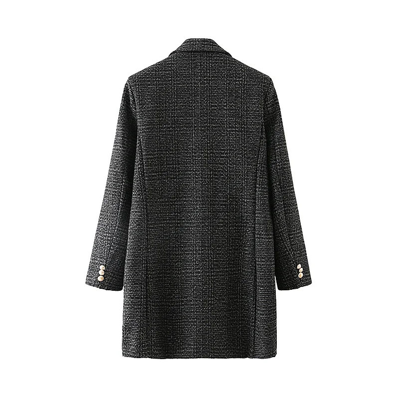 Winter Clothes Loose Temperament Retro Double-Breasted Lapel Plaid Twill Mid-Length Suit Jacket 210521