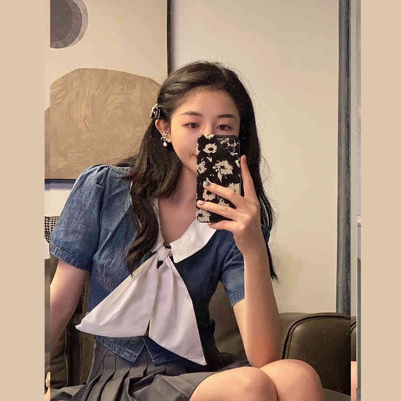 Summer Retro Contrast Short Sleeve Bow Denim T Shirts Women Sexy Slim Thin Single-breasted Crop Tops Fashion Jeans 210429