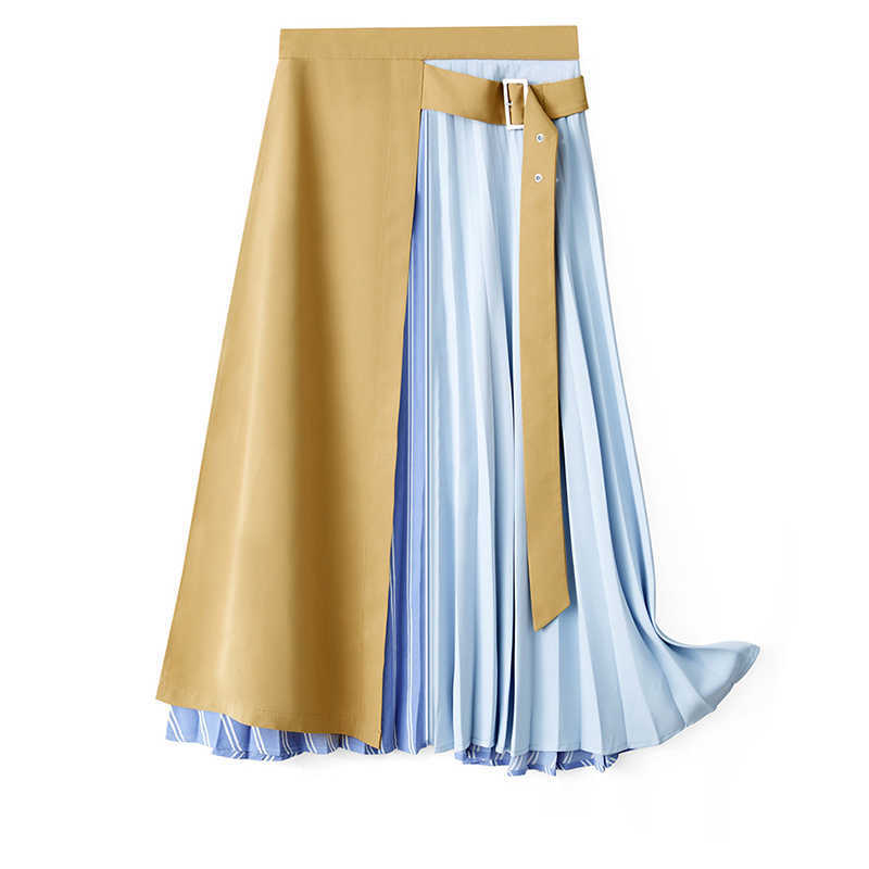 Minimalism Fashion Splice Denim Skirt Spring Summer Women's skirt High Waist Pleated Female 11970291 210527