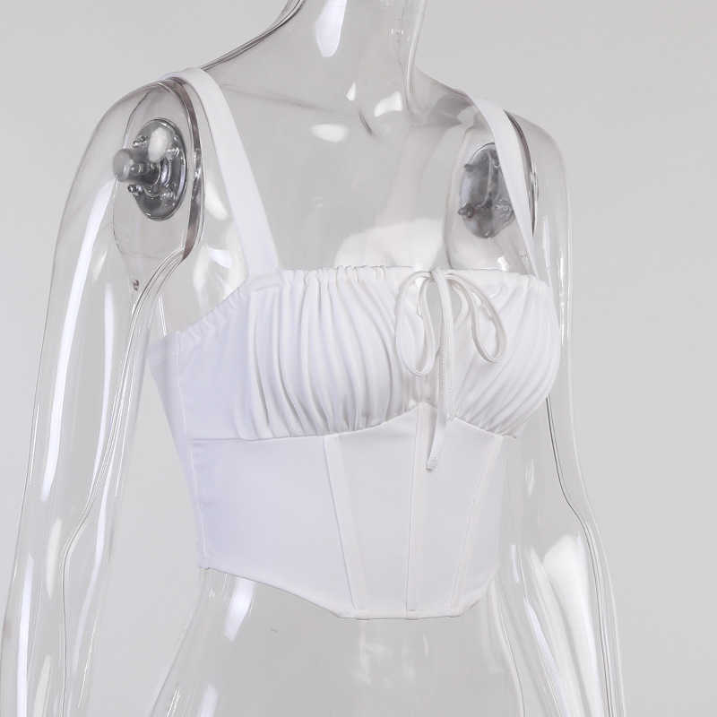 Colysmo White Tops Women Backless Square Neck Crop Top Chest Draped Bow Lace Up Corset Holiday Club Casual Bustier 210527