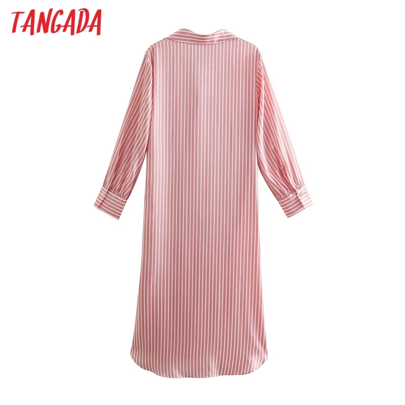 Fashion Women Striped Print Shirt Side Buttons Long Sleeve Ladies High Street Midi Dress 5Z85 210416