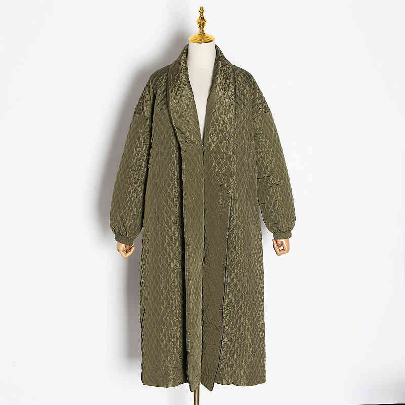 VGH Loose Argyle Parkas For Women V Neck Long Sleeve Solid Minimalist Basic Casual Midi Coat Female Winter Fashion New Tide 210421