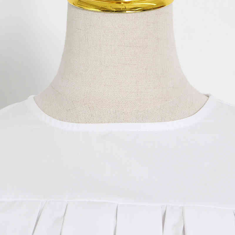 White Pleated Blouse Female O Neck Long Sleeve Casual Loose Shirt For Women Fashionable Clothing Spring 210524
