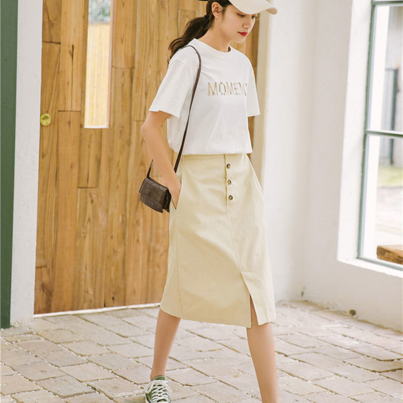 Spring Korea Fashion Women High Waist Knee-length A Line Skirt Single-breasted Cotton Casual Skirts Femme Saia M519 210512
