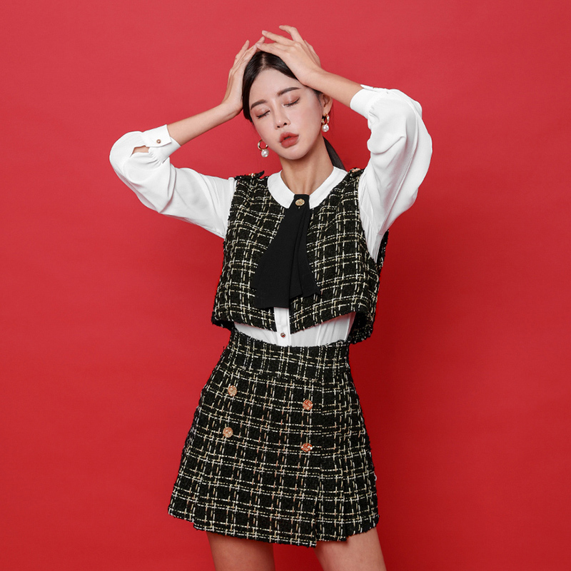 Spring Women Long sleeve Tweed Patchwork Blouses 2 Pieces Set+High Waist Plaid Wool Skirt Sets 210520
