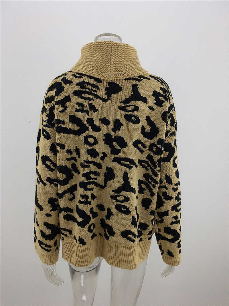 Qooth Animal Print Jumper Women Leopard Crochet Top Knitwear Turtleneck Long Sleeve Pullover Sweaters QT334 210609