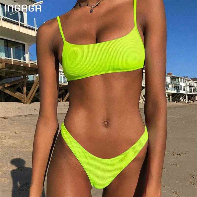 

INGAGA Bandeau Bikinis Sexy Swimsuits Push Up Swimwear Women Solid Thong Bathing Suit Ribbed Rainbow Biquini 210630, Green