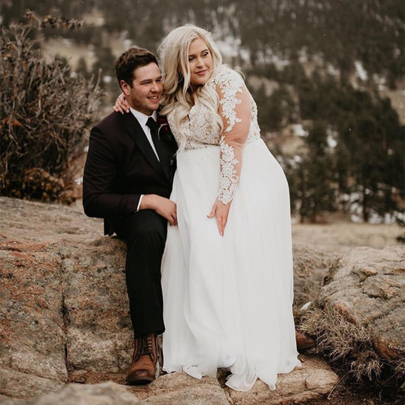 Plus size Wedding Dresses V Neck Long Sleeves Lace Appliques Beach Wedding Gowns vestido de noiva