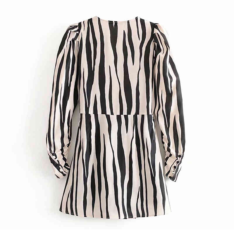 Zebra Stripe Mini Dress Women Bow Tie A Line Party Ladies V Neck Casual Long Sleeve es Vestidos Mujer 210508