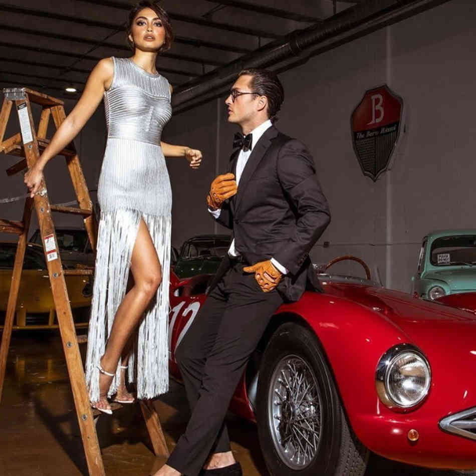 Summer Women's Tank Silver Tassel Maxi Bodycon Bandage Dress Sexy Sleeveless Club Celebrity Evening Party Dresses 210423