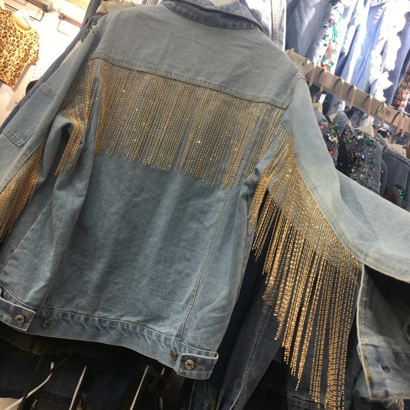 Spring High Quality Denim Jackets Rhinestone Chain Tassels Personality Cut Wash Cowboy Loose Coat Woman FS720 210427