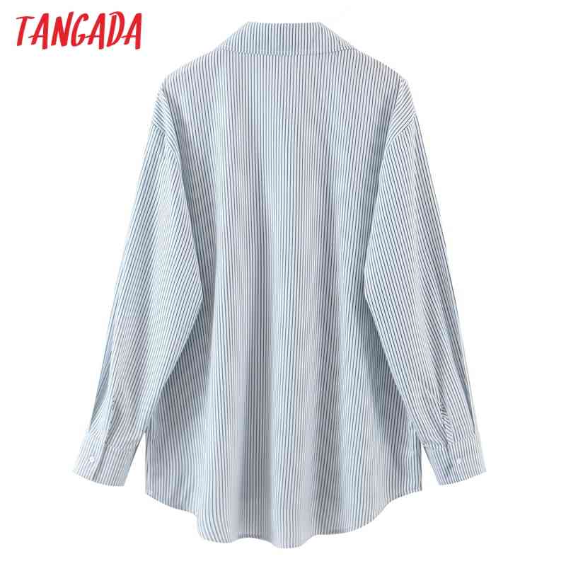 Women Striped Print Heart Pocket Long Sleeve Chic Female Casual Loose Shirt SL542 210416