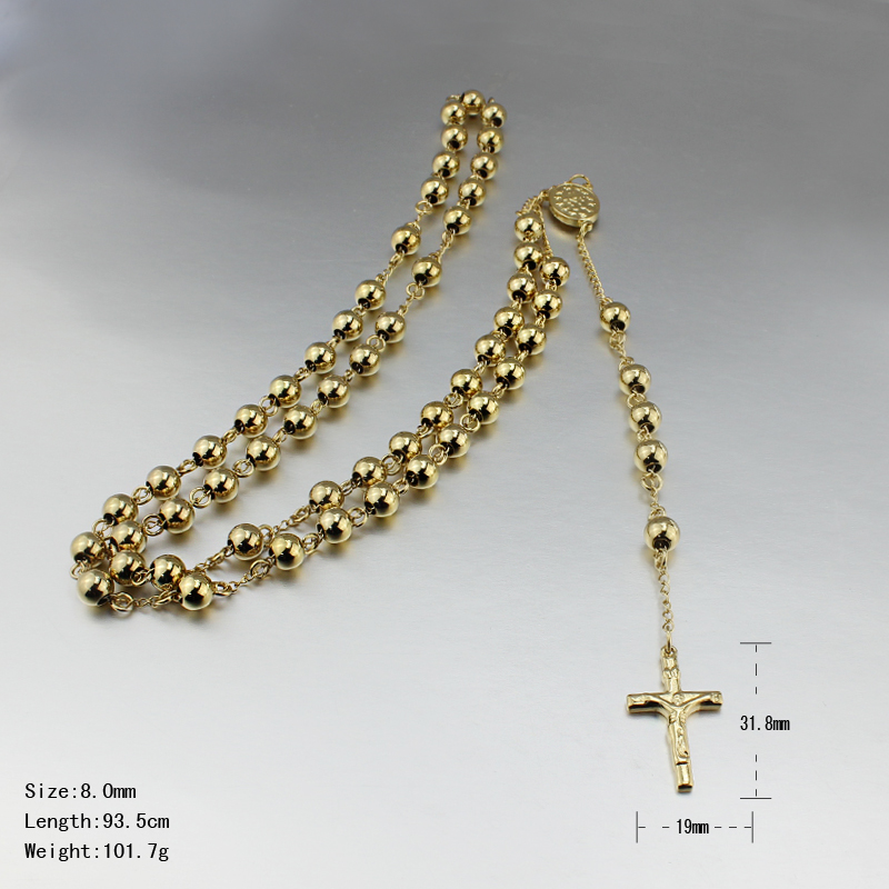 Gold 4mm/6mm /8mm Stainless Steel Long Rosary Bead Chain Jesus Cross Catholic Crucifix Necklace 28''+6''/30''+6'�