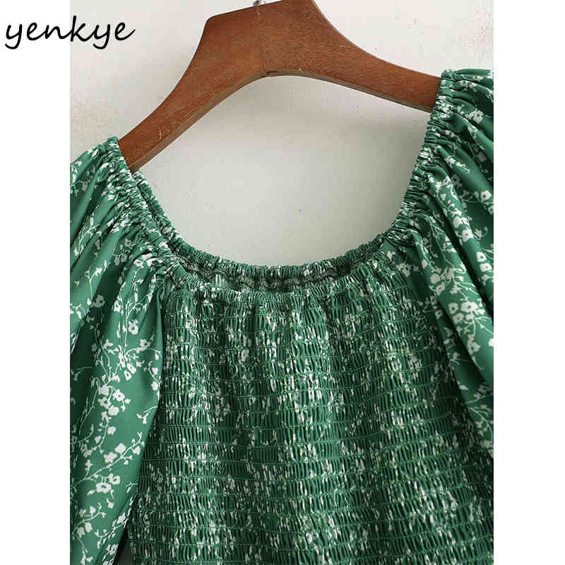 YENKYE Prairie Chic Summer Dress Women Green Floral Print Dress Female Lantern Sleeve O Neck Knee Length Big Swing Vestido 210515