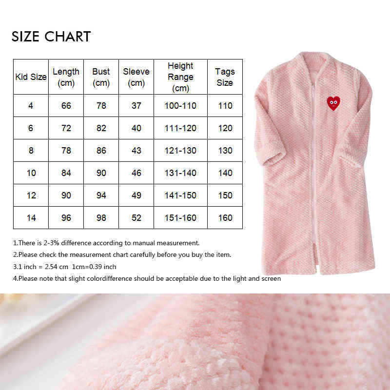 Girl Autumn Winter Long Warm Flannel Bathrobe for Girls Cozy Bath Robe Zipper Night Dressing Gown Kids Sleepwear Size 6 8 10 12Y 211130