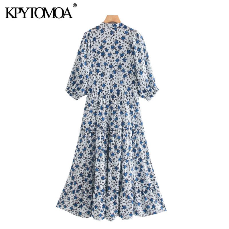 Women Chic Fashion Floral Print Pleated Midi Dress Half Sleeves Button-up Female Dresses Vestidos Mujer 210420