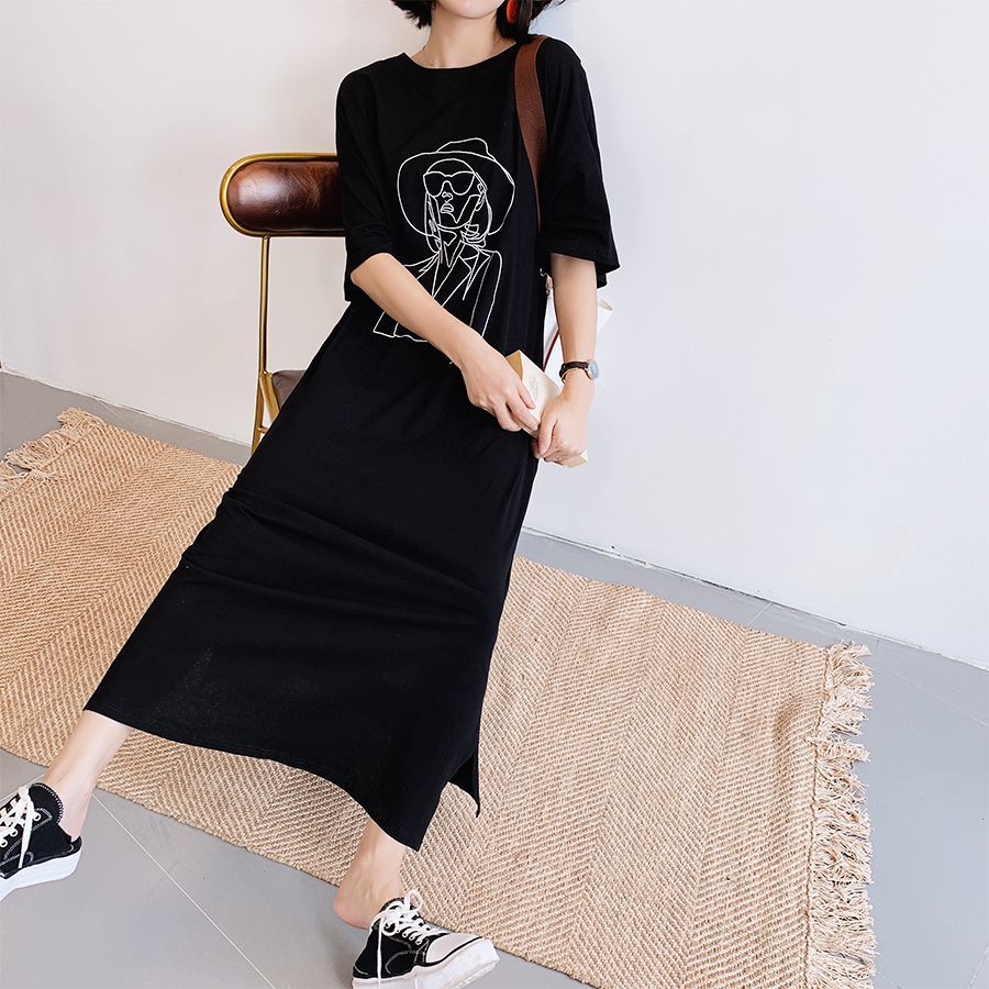 NYFS Summer Dress New Loose large size short sleeve Extra Long Dress Vestidos Robe Elbise Fashion print Korean Woman Dress 210409