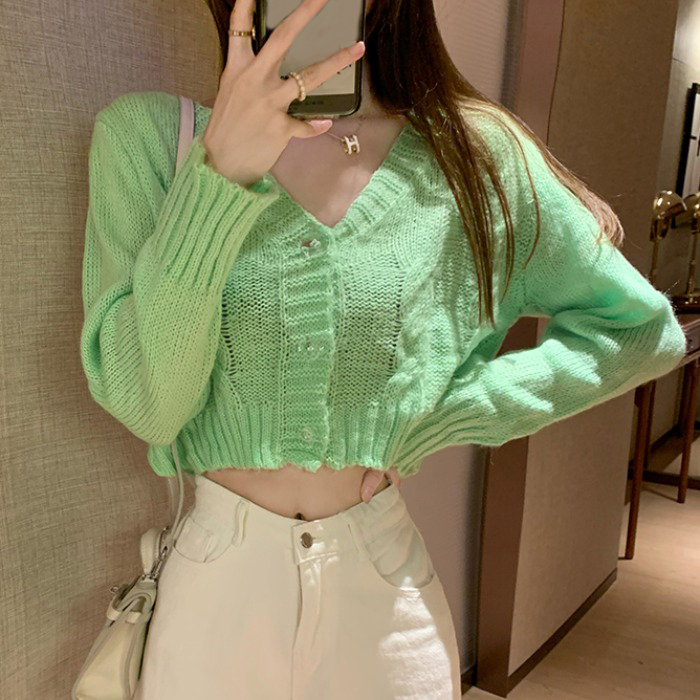 Nomikuma Rainbow Tie Dye Women Short Knitted Cardigan Causal Long Sleeve V-neck Sweater Coat Korean Knitwear Jacket 6D456 210427