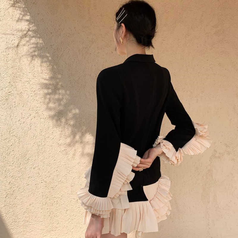 [EWQ] Autumn Female Notched Collar Long-sleeved Blazer Coat Double Breasted Loose Sweet Patchwork Ruffles Suit Top 8Y048 210930
