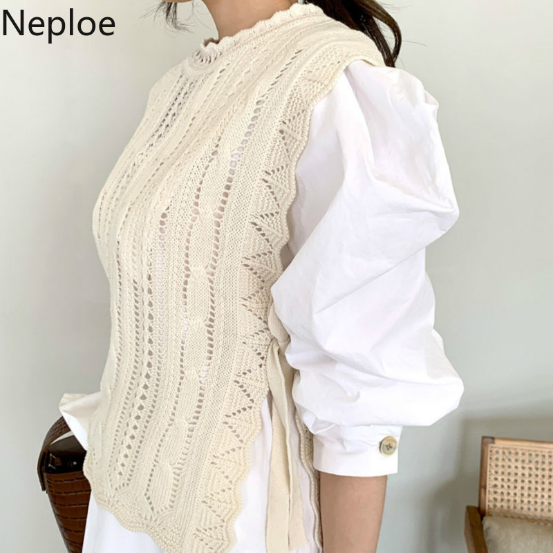Neploe Chic Vintage Patchwork Pullovers Stand Neck Hollow Out Sweaters Women Sweet Puff Sleeve Jumper Lace Up Vest Female Tops 210422