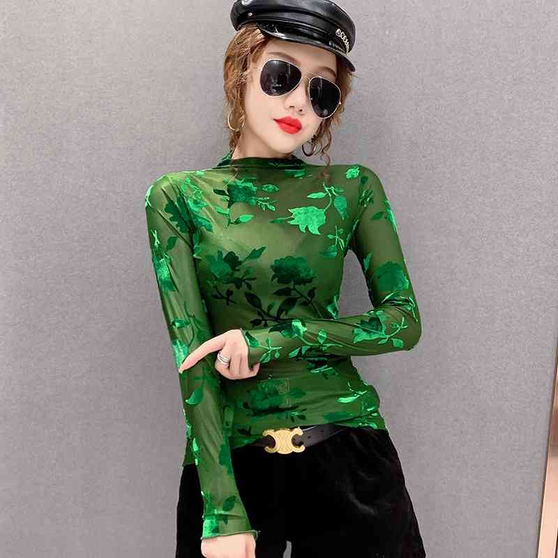 Autumn Fashion Lady Sexy Transparent Pullovers Women Bodycone Mesh Shirts Femme Velour T Shirt Tops 210406