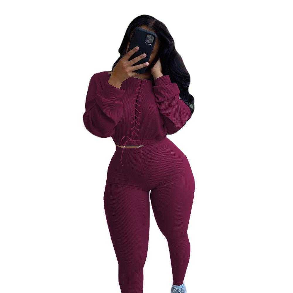 Women's Sets Autumn Winter O Neck Cross Bandage Short Tops+Elastic Waist Slim Pants Casual Sport Two Pieces Set Large Size 210526